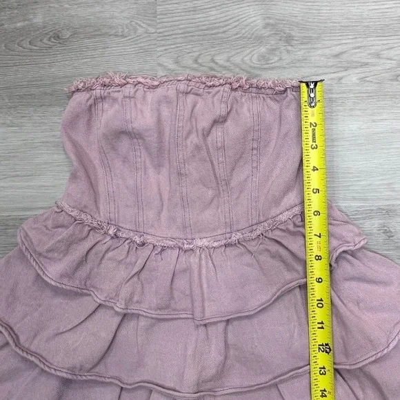 So Me Denim Strapless Tiered Ruffle Mini Dress Sz Small Smocked Mauve Pink - Picture 9 of 10